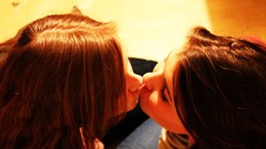 Woman top view Noses kissing long hair brunettes redheads 