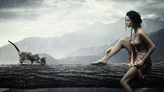 Woman Trees rain cats