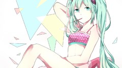 Woman triangles white background blue hair long hair blue eyes 