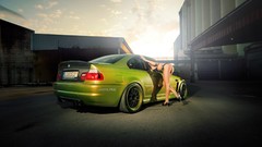 Woman tuning cars BMW bikini high heels