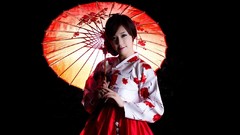 Woman Umbrellas black background asians smiling brunettes 
