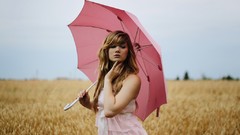 Woman Umbrellas fields blondes bangs lip gloss