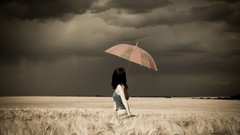 Woman Umbrellas fields outdoors brunettes models