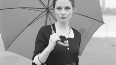 Woman Umbrellas monochrome Actress zooey deschanel