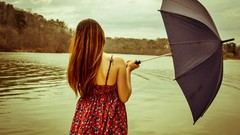 Woman Umbrellas vintage lakes red dress tattoos