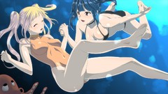 Woman underwater blue hair barefoot anime girls black eyes 