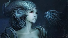 Woman underwater red eyes artwork fantasy art