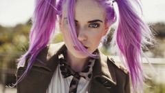 Woman vampire purple hair cosplay bubble gum