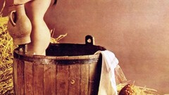 Woman vintage scarfs nude bathtubs