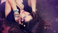 Woman Violet blue eyes brunettes lying down