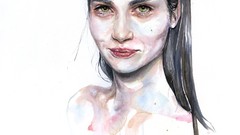 Woman watercolor white background smiling green eyes brunettes 