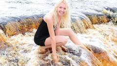 Woman waterfalls blondes models black dress boobs Met-Art 