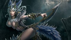 Woman weapons animal ears cleavage artwork boobs fantasy art