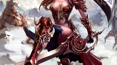 Woman weapons armor red eyes Swords skulls god of war redheads 