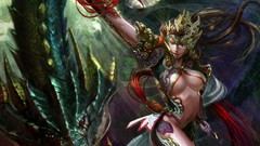 Woman weapons armor spears brunettes cleavage artwork fantasy 