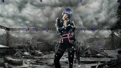 Woman weapons asians blue hair short hair cleavage cosplay