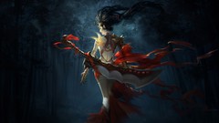 Woman weapons back armor Swords stripes black hair artwork 