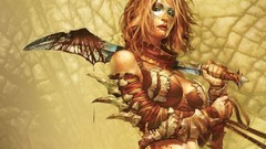 Woman weapons blood Swords drawings redheads cleavage boobs