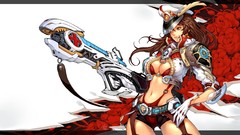 Woman weapons brunettes purple eyes cleavage artwork fantasy 