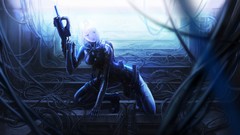 Woman weapons Cables white hair science fiction artwork 