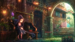 Woman weapons chairs dress magician staff houses buildings 