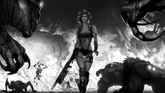 Woman weapons creatures fantasy art grayscale
