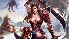 Woman weapons Dragons armor red eyes Swords skulls redheads 
