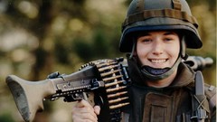 Woman weapons Guns Army Austria soldiers military smiling blue 