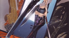 Woman weapons Guns ass Anime white hair red eyes Swords tattoos 