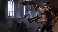 Woman weapons Guns glasses redheads League of Legends fighting 