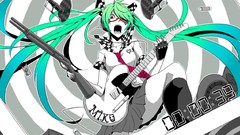 Woman weapons Guns glasses singing guitars blue hair long hair 