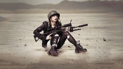 Woman weapons Guns helmets long hair brunettes deserts