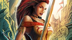 Woman weapons Guns Swords redheads artwork fantasy art female 