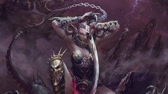 Woman weapons horns armor Swords chains angels braids cleavage 