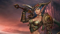 Woman weapons horns elves armor Swords earrings blue hair green 