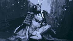 Woman weapons Katana dress horns armor sitting monochrome 