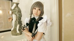 Woman weapons Knives bows asians long hair brown eyes indoors 