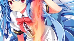 Woman weapons Swords skirts blue hair long hair touhou hinanawi 