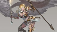 Woman weapons wings armor Swords blondes spears angels blue 