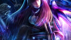 Woman weapons wings long hair artwork futuristic bodysuits