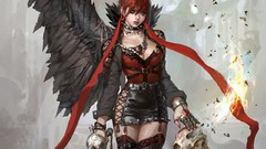 Woman weapons wings Warriors skulls artwork fantasy art