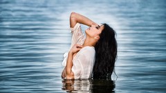 Woman wet brunettes curly hair supermodels Anja Zeidler