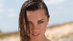 Woman wet faces Beaches smiling gray eyes brunettes models wet 