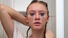 Woman wet faces streaks blondes models shower ella arms raised 