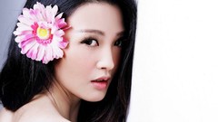 Woman white background asians long hair models flower in hair 