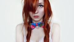 Woman white background braids redheads cleavage Simple 