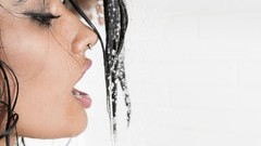 Woman white background brunettes piercings shower