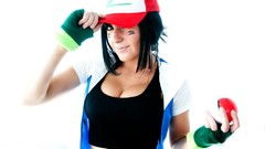 Woman white background faces Pokemon cleavage cosplay boobs 