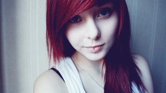 Woman white background faces smiling long hair blue eyes 