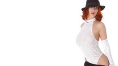 Woman white background gloves redheads leotard undressing 